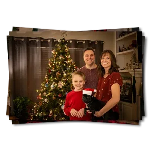 a family christmas photo with christmas tree in fort collins